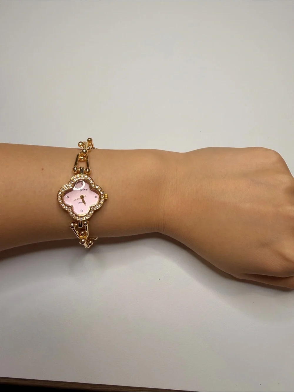Gold-Tone Pink Dial Flower Quartz Watch